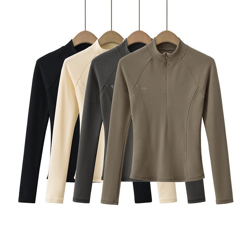 American-style velvet half zipper slim-fit long-sleeved yoga jacket for women 2024 Spring and Autumn New embroidered slimming T-shirt top