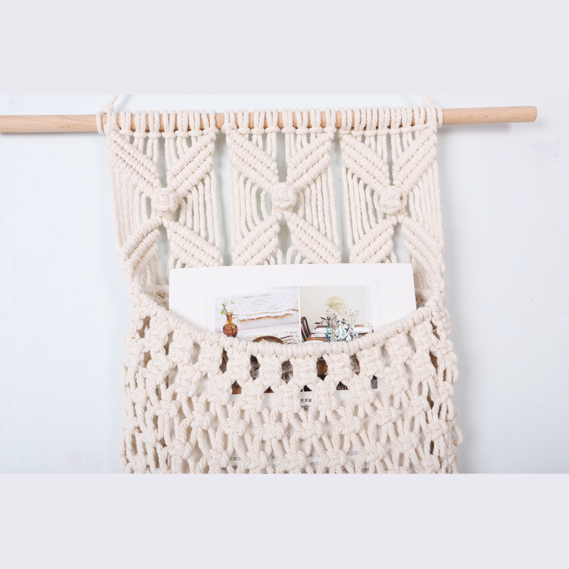 北欧简约编织棉绳带木棍挂壁式书兜家居挂篮墙面壁饰储物吊篮批发