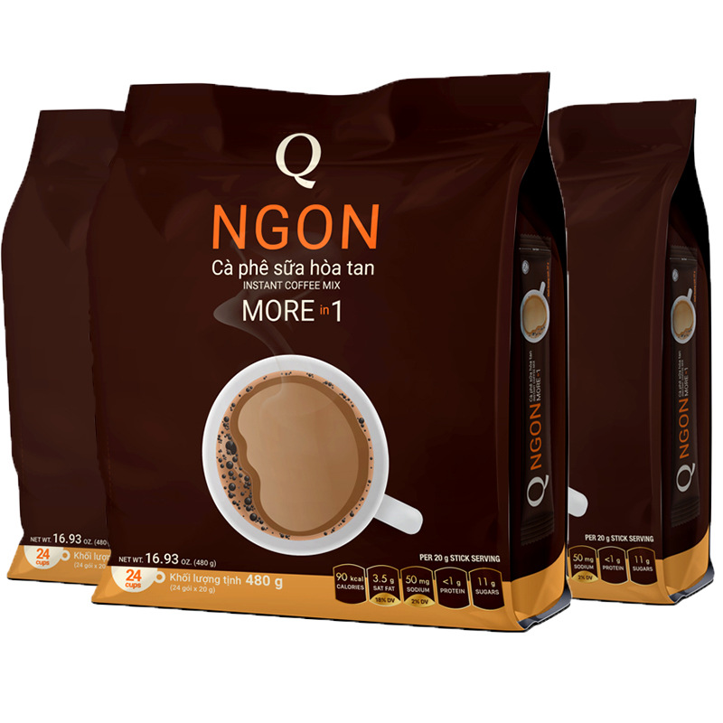 A large bulk wholesale of Vietnamese Q-brand Qcafe coffee, a three-in-one instant concentrated strong aromatic Ngon coffee, 480g in 24 small packs.