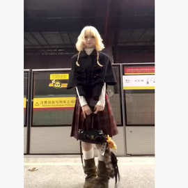 洋气复古红色格子半身裙秋冬女新款亚文化毛呢格纹百褶裙圣诞裙子