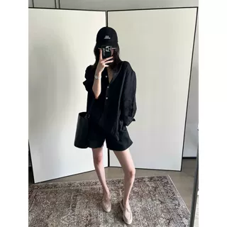 黑色衬衫套装女2026年夏季新款老钱风休闲慵懒防晒衬衣短裤两件套