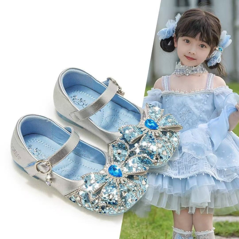 Girls' Princess Shoes 2025 New Spring and Summer Girls' Shoes Elsa Small Leather Shoes Soft Sole Women's Treasure Autumn Blue Crystal Shoes