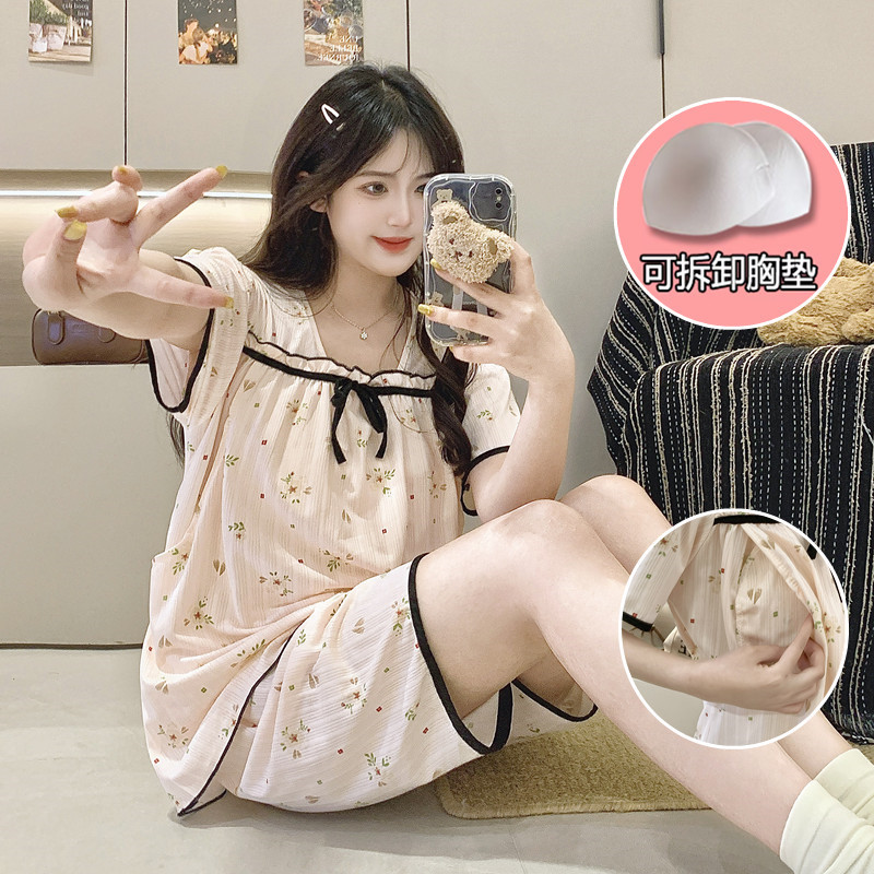 睡衣夏季新款孕妇睡衣可爱时尚带胸垫可哺乳月子服短袖居家服套装