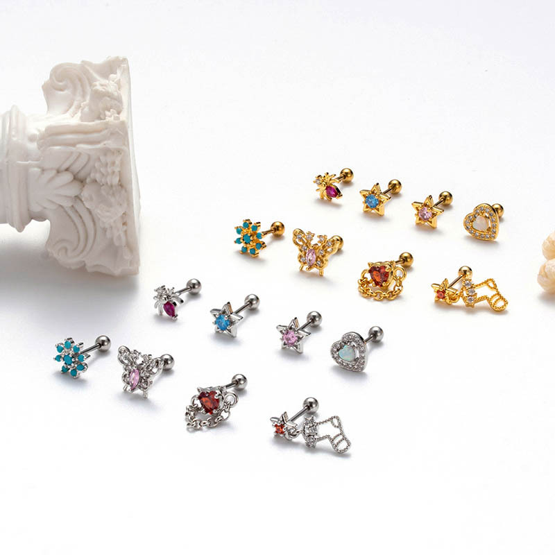 2PCS Stainless steel thin rod cartilage earrings with micro inlay of colored zircon screws, twist ball earrings, and_voghion.com