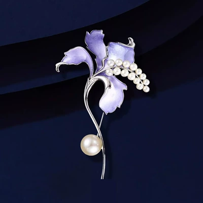 High-end, exquisite two-tone enamel lily brooch, a unique and eye-catching piece with pearl tassels, a delicate and elegant pin, a new style of corsage (Yaxa sancaqları) - purple-tassel-lilies
