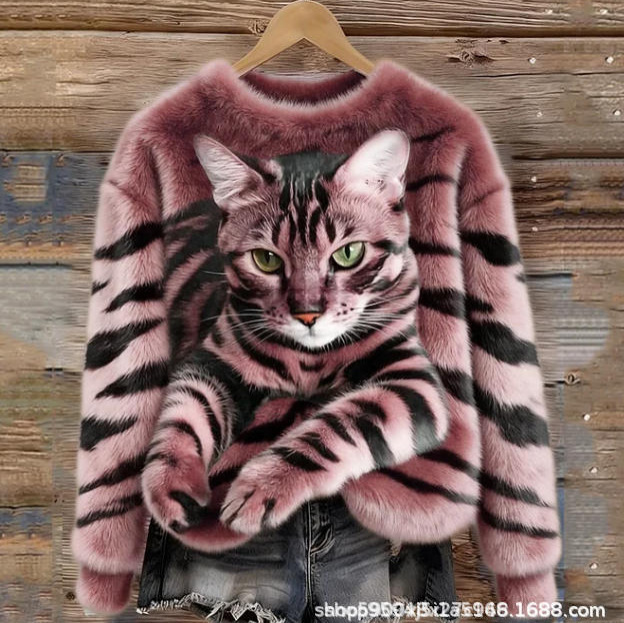 2026 New Cross-Border Independent Site Aliexpress Shopee 3D Digital Printed Flannel Cat Print Women's Crew Neck Sweatshirt 2026 New Cross-Border Independent Site Aliexpress Shopee 3D Digital Printed Flannel Cat Print Women's Crew Neck Sweatshirt