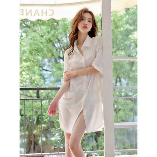 2025 Spring and Summer New Ice Silk Nightgown for Women Loose Thin Boyfriend Style Short-Sleeved Simple Pure Color Shirt Pajamas