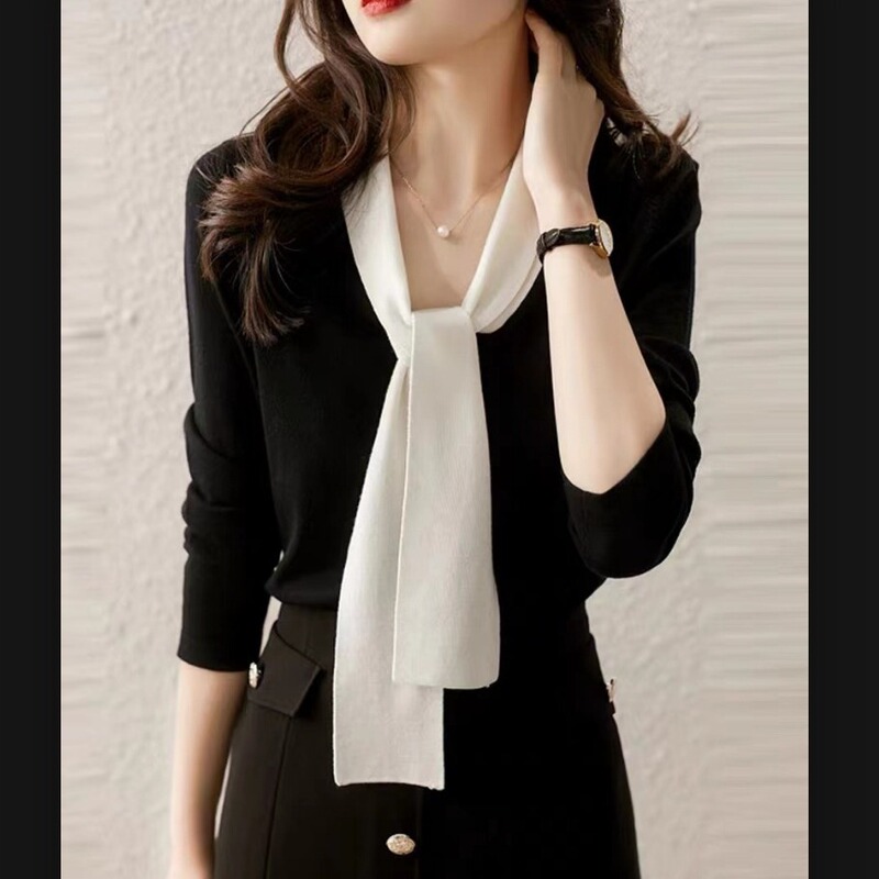 Elegant Korean style commuter ribbon collar contrast color slimming sweater women's autumn and winter versatile bottoming shirt sweater top