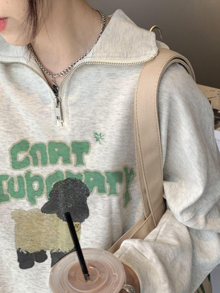 Retro cartoon sweater Women's Spring and Autumn long sleeve 2023 New polo collar loose half zipper top coat fashion