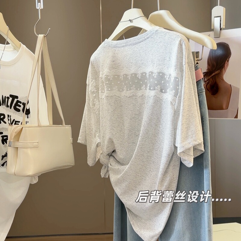 Designed with a Lace Back Panel, Short-Sleeved T-Shirt for Women, Summer Loose Fit, Slimming, Lazy Style, Casual Versatile Thin Top Designed with a Lace Back Panel, Short-Sleeved T-Shirt for Women, Summer Loose Fit, Slimming, Lazy Style, Casual Versatile Thin Top