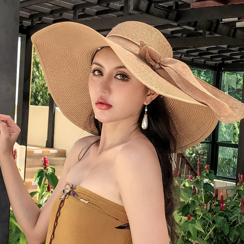 レースリボン大きなつば麦わら帽子 2025 新しい海辺のビーチ日焼け止め帽子女性の美しい日よけ帽子|undefined
