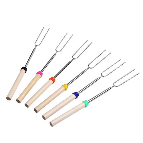 Outdoor Telescopic BBQ Fork Stainless Steel U-shaped Fork BBQ Tool Outdoor BBQ Set Wooden Handle BBQ Skewer