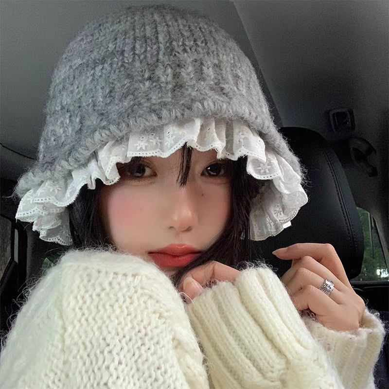 蕾丝花边盆帽针织渔夫帽女秋冬韩系水桶帽显脸小毛线帽大头围帽子|undefined
