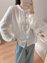 9516文艺门襟彩扣勾边双层棉纱长袖白衬衣女气质秋装新款休闲上衣
