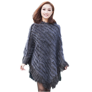 Hooded rabbit fur woven large shawl with tassel women's loose foreign trade wholesale Haining warm real rabbit fur woven cloak