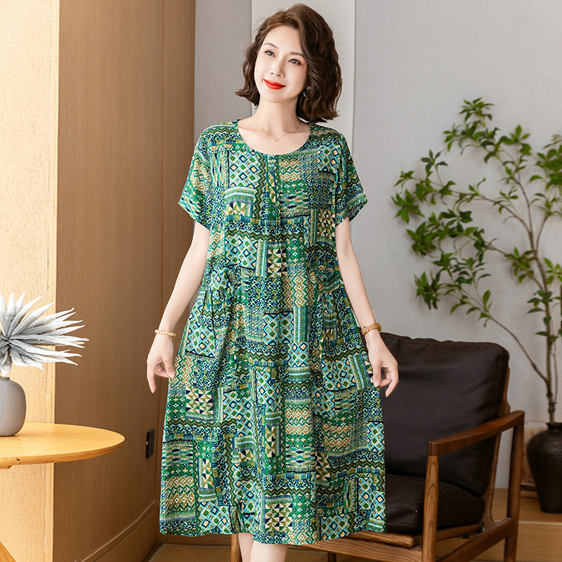 胖妈妈装夏装棉绸连衣裙加肥加大码女装中老年人夏季洋气宽松裙子|undefined