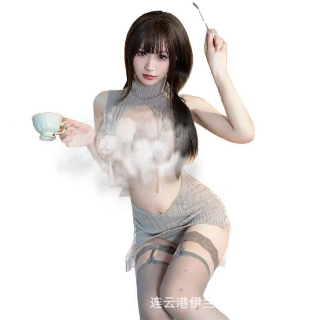 Open-Bust Knit Sweater Dress for Women, Black Polyester Roleplay Lingerie, One Size — detail image 6