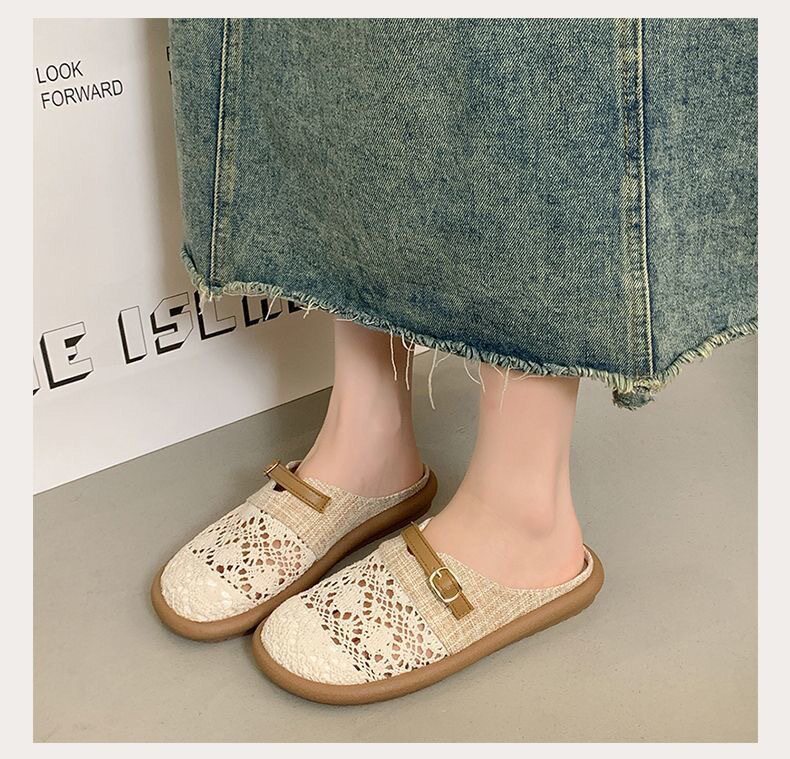 Dép lê nữ bít mũi vải lanh thêu hoa nhí, đế bằng gót thấp 1–3 cm, kiểu xỏ chân thoáng khí — Dép lê nữ S3 - màu be [hộp], Dép lê nữ S3 - màu đen [hộp] chi tiết 7