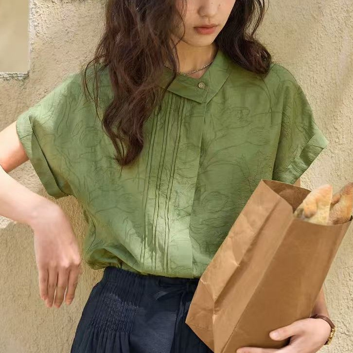 Soligther French Linen Jacquard Shirt for Women Summer 2025 New Design Asymmetrical Lapel Top