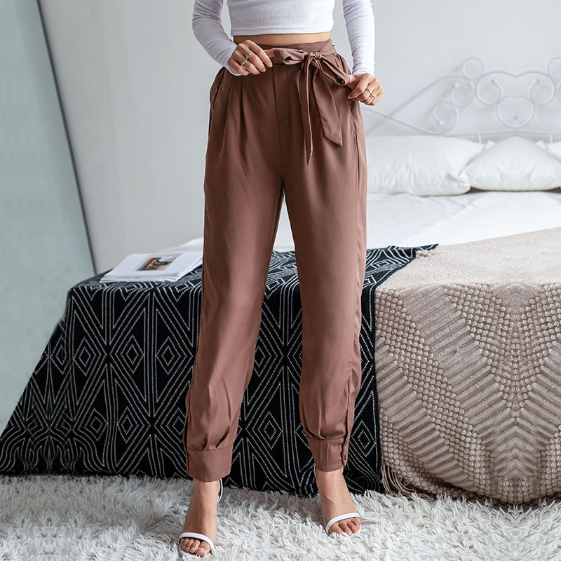 Foreign Trade Export Cross-border Amazon Independent Station New European Beauty Pants High Waist Solid Color Nine Points Pencil Drawstring Pants