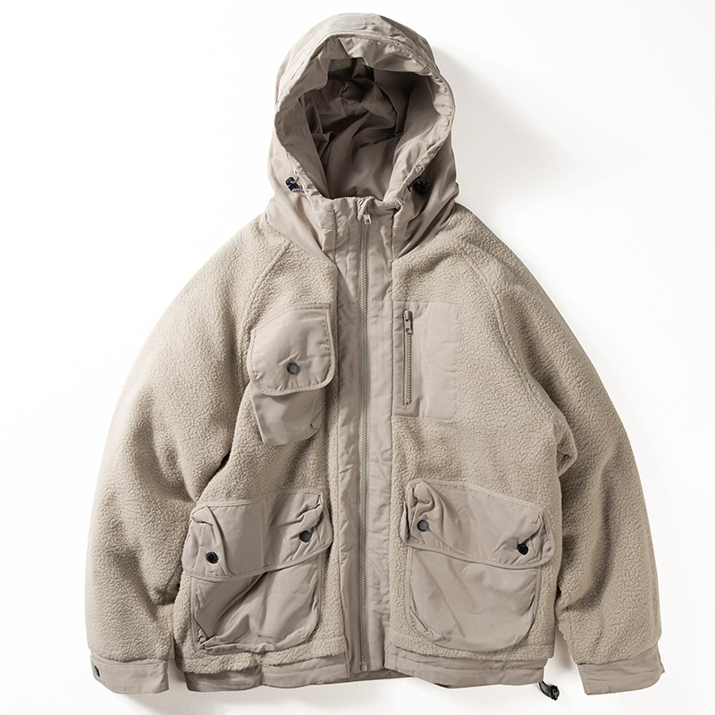 Abrigo acolchado de algodón con capucha de los hombres de Invierno Polar de lana costura acolchado abrigo de los hombres Ropa de trabajo de estilo japonés suelta multi-Bolsillo Abrigo acolchado de algodón hombres