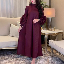 高级感名媛气质褶皱灯笼长袖立领宽松A字纯色连衣裙优雅长裙