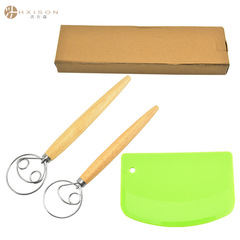 304 Stainless Steel Denmark Dough Mixer Set with Wooden Handle Whisk, Flour Mixer, Dough Stirrer, and Dough Cutter