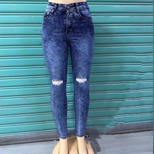 外贸女式牛仔弹力小脚裤破洞修身九分裤Wholesale women's jeans