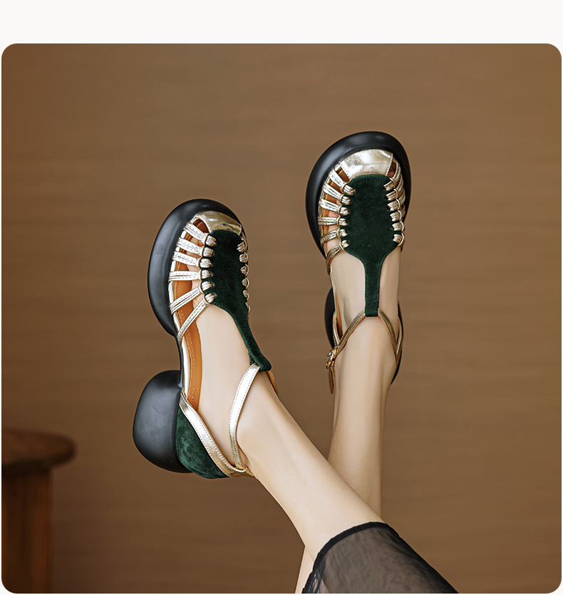 Sandal nữ quai ngang dệt mảnh da lộn, gót vuông ổn định, đế dày ghép màu — Màu đen chi tiết 7
