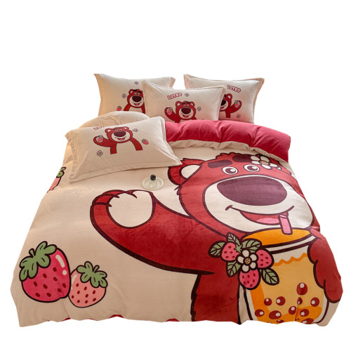 Cartoon Strawberry Bear Milk Velvet Four-piece Winter Thickened Coral Velvet Bedding Flannel Quilt Cover Sheets