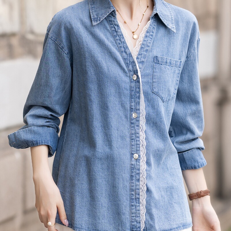 Denim Shirt for Women 2025 Spring and Autumn New Design with Lace Trim Top