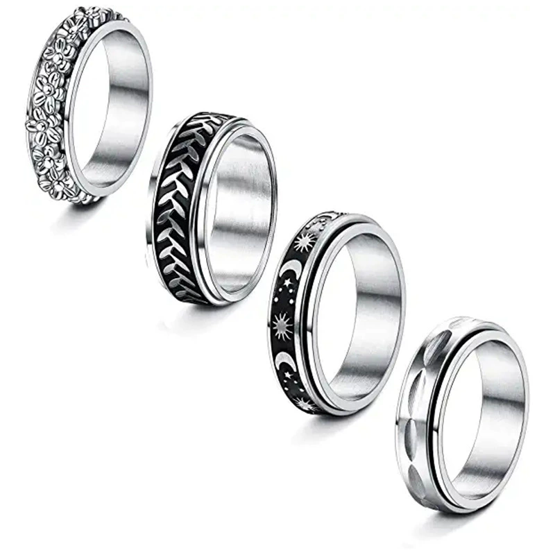 Xinghe Amazon поставляет титановое стальное кольцо вращения звезды и Луны, Европейское и американское модное кольцо из нержавеющей стали с листьями