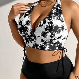 2025欧美外贸跨境新款大码印花聚拢紧身露背分体泳衣女套装比基尼