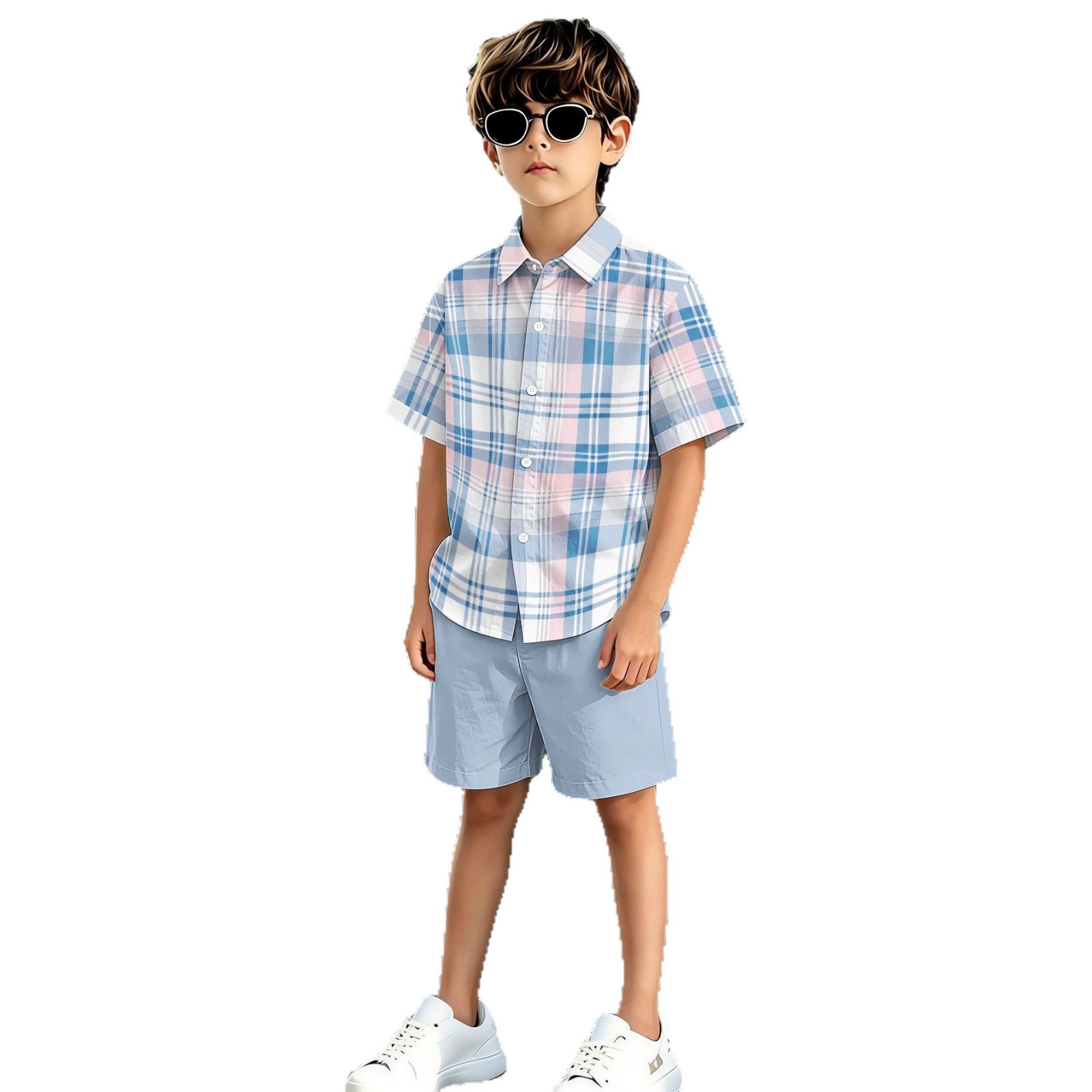 New Product: Stylish Cool Patterns, 3D Printing Technology, Boys' Collared Shirt And Shorts Set,_voghion.com