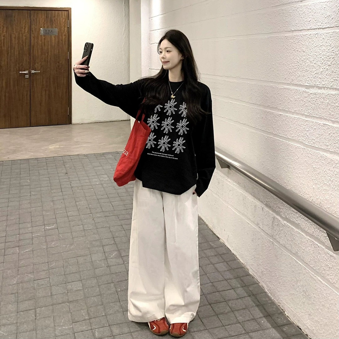 Pure Cotton Black Long-Sleeved T-Shirt for Women, Large Size Loose and Slim Korean Style Lazy Style Early Autumn Top Trendy