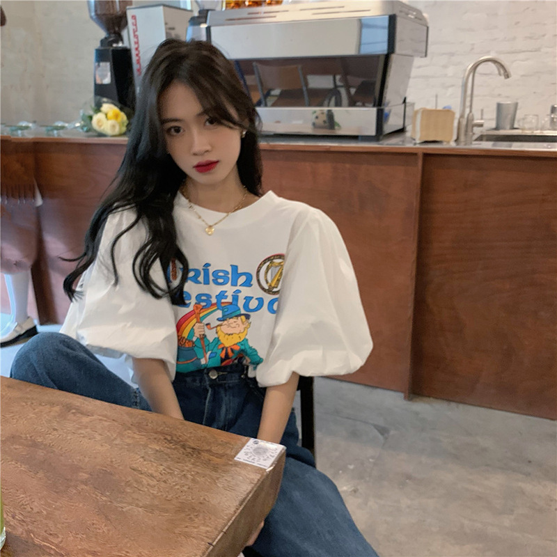 White Short-Sleeved T-Shirt Women's Summer 2022 New Loose Korean Style Chic Puff Sleeve Top Design Niche