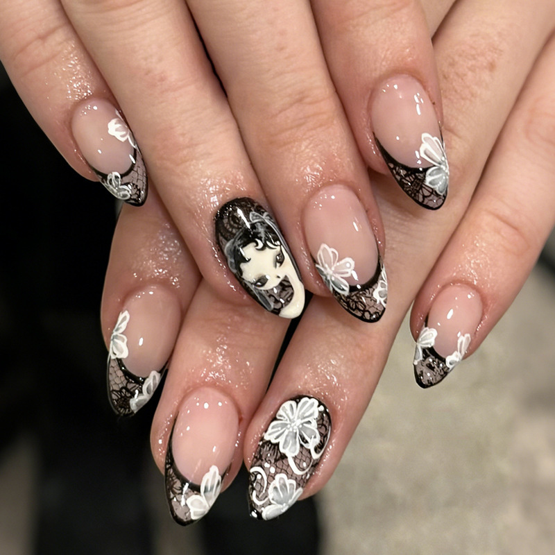 Almond-Shaped Sheer Lace Black Butterfly Gothic Girl Style Nail Tips False Nails Foreign Trade Cross-Border Fake Nail Tips
