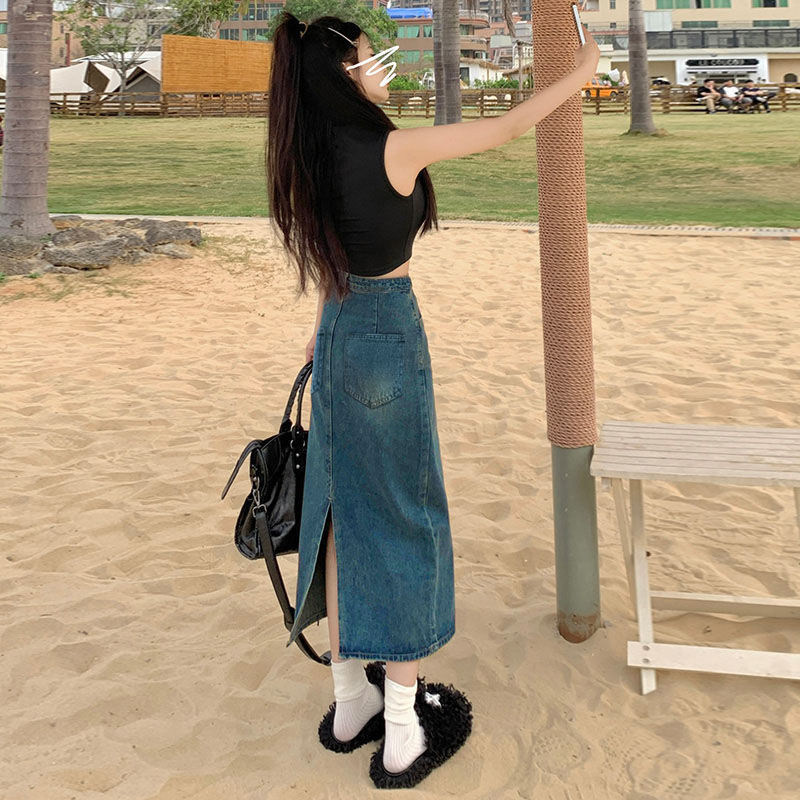 港味复古开叉牛仔半身裙女梨形身材a字裙中长款高腰遮胯显瘦半裙|undefined