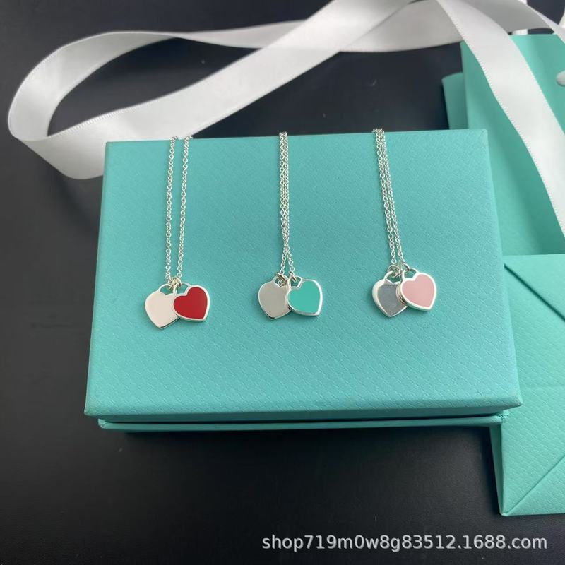 T Home High Version S925 Simple Love Enamel Red Blue Powder Three Color Heart Necklace Clavicle Chain Double Heart Women's Style