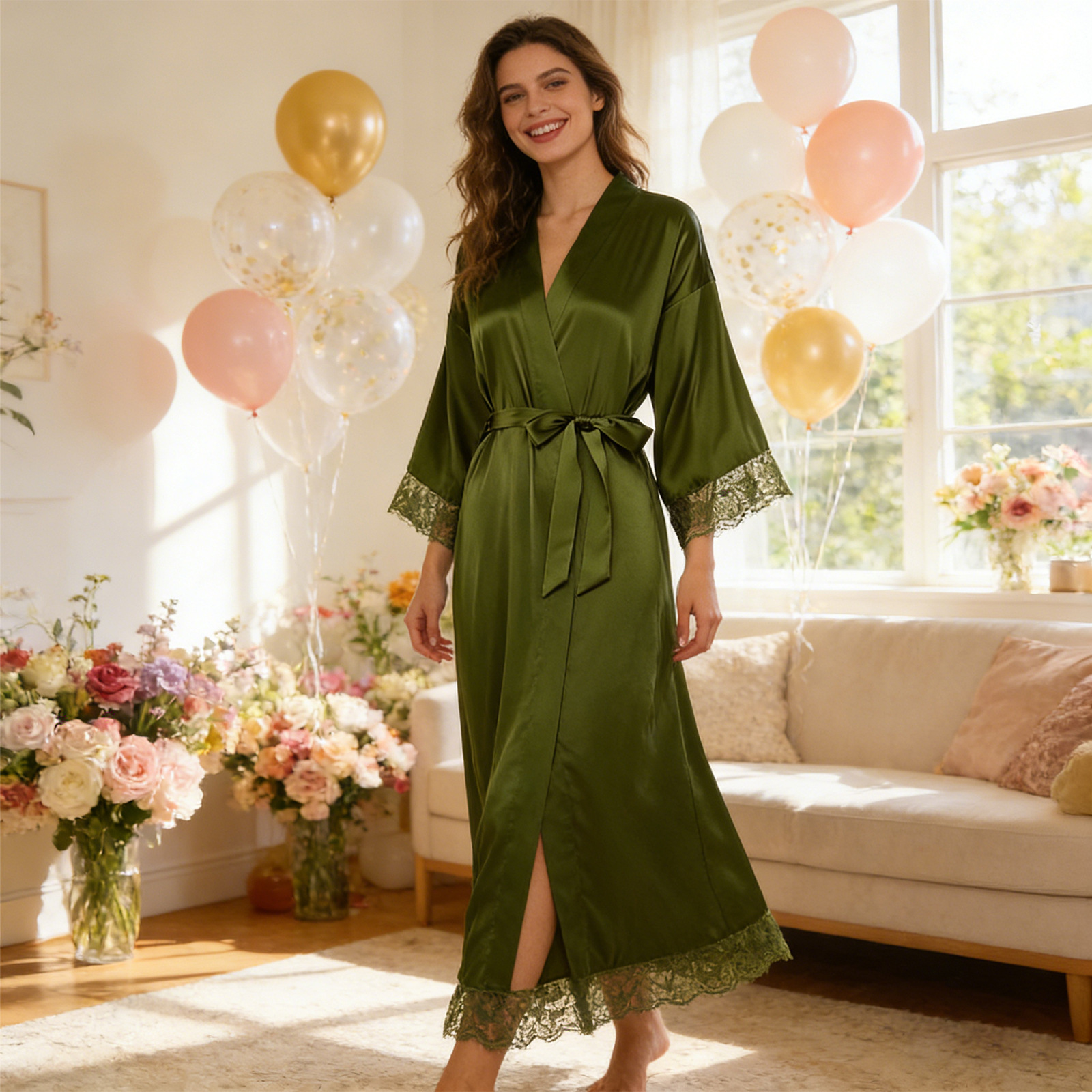 Amazon Dressing Gown Women's Long Lace Nightgown Home Wear Bridal Dressing Gown Satin Imitation Silk Stretch Robe