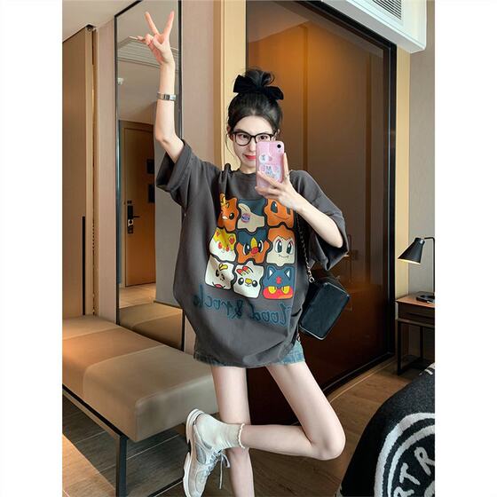 Grey Short-sleeved T-shirt Women's 2024 New Summer European Large Edition Chic Western Style Age-reducing Shoulder Top Instagram