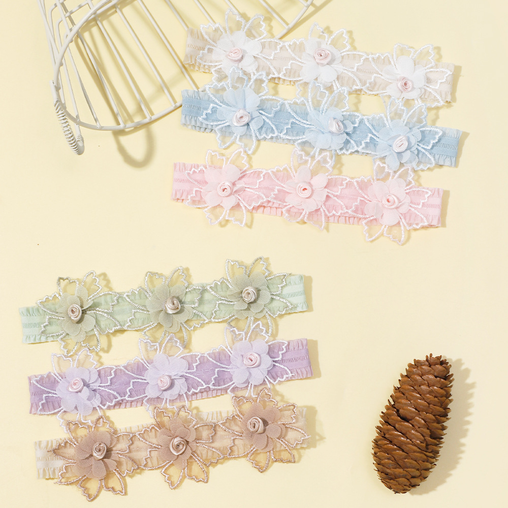Europa e Stati Uniti transfrontalieri nuovi accessori per capelli per bambini tinta unita pizzo per bambini tre piccoli fiori fascia per capelli fascia elastica per bambini_voghion.com