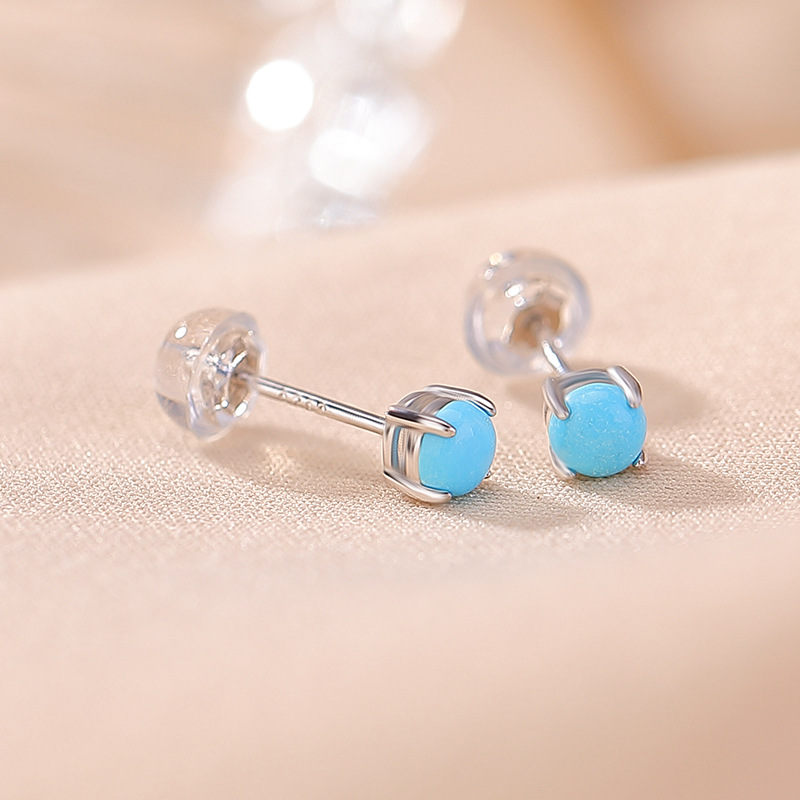 Khuyên tai bạc S925 mạ vàng đính đá turquoise hình học vintage — Loại bạc