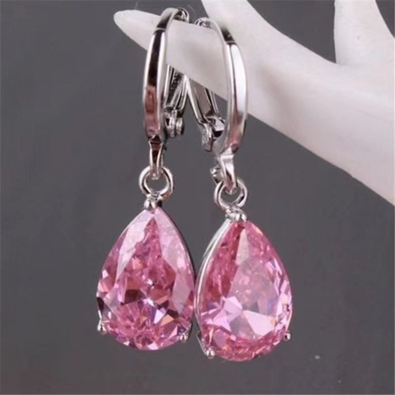 Wish Hot Selling Ear Jewelry Wholesale Cross-Border Earrings Earrings Inlaid with Pink Zircon Water Drop Pear-Shaped Earrings Earrings