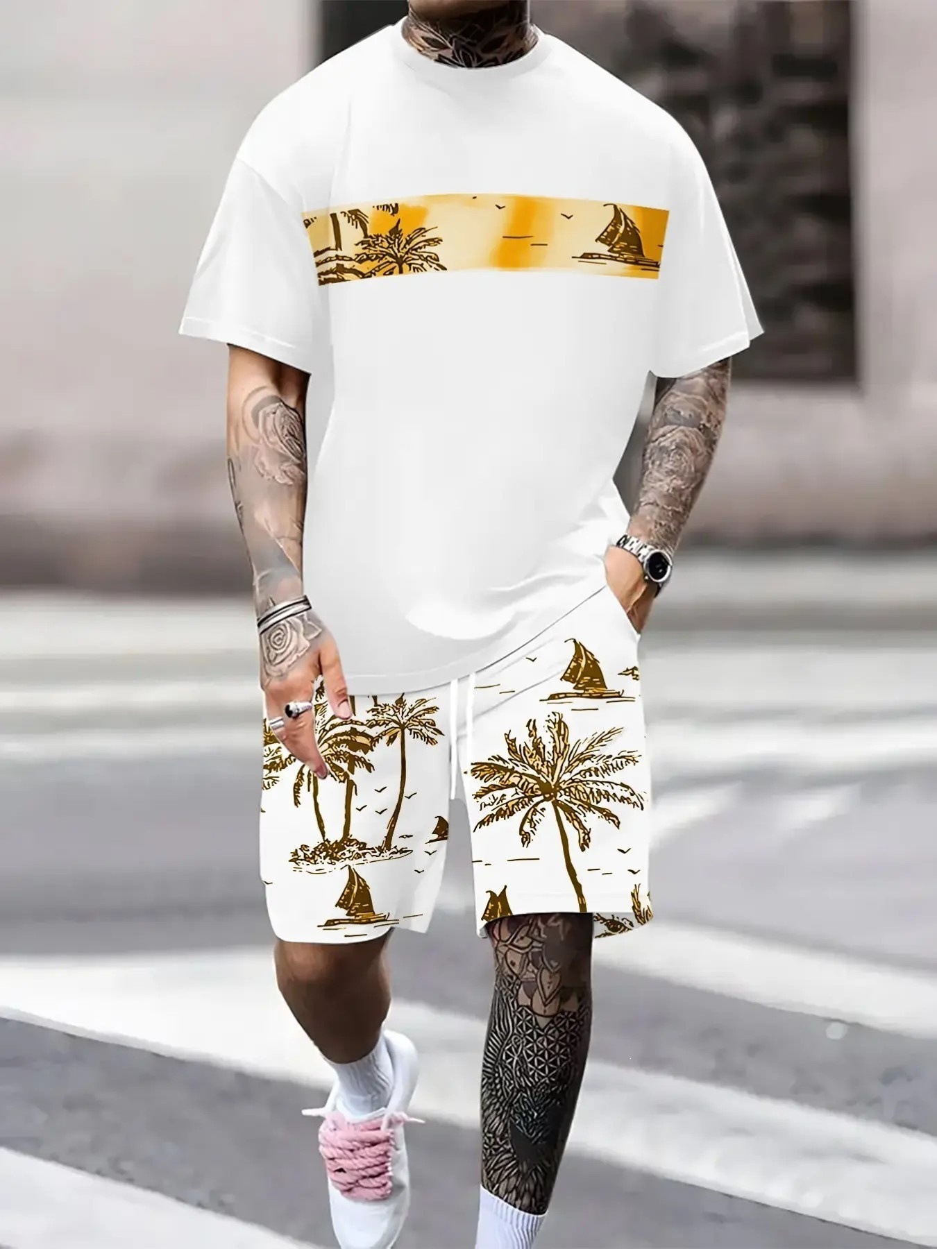 Summer 3D Sailboat Print Men's Suit Casual Loose Fit Versatile Comfortable Everyday Wear_viptrois.com