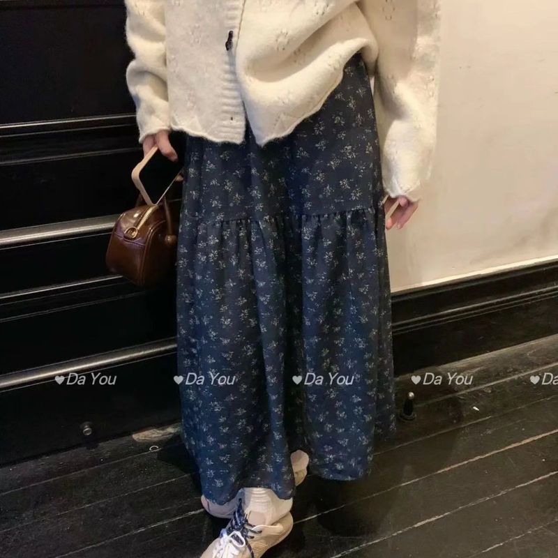 藏青色碎花半身裙女中长款2025新款春夏高腰显瘦小个子a字蛋糕裙|undefined