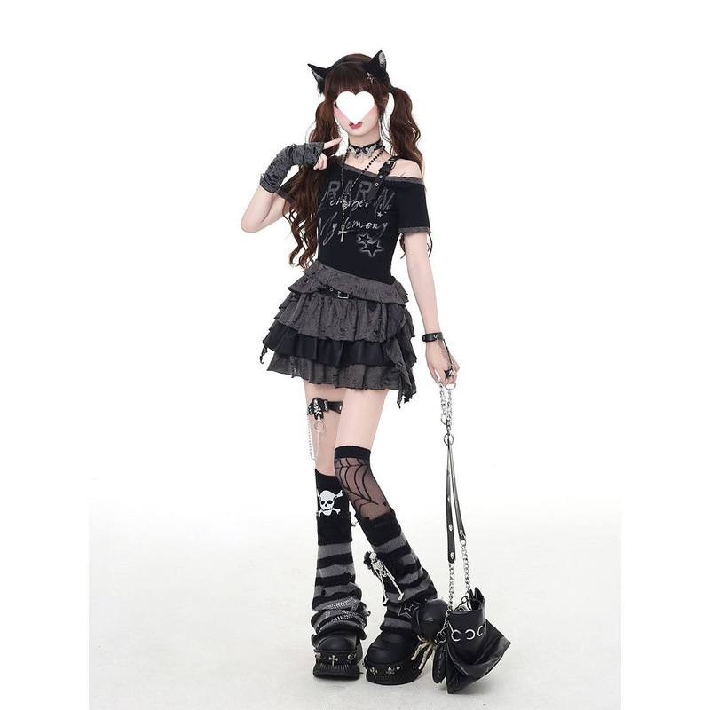 Night God's Moon サブカルチャー オフショルダー ニッチデザイン ショートスリムトップ Tシャツ スカートスーツ ホットガールニッチ|undefined
