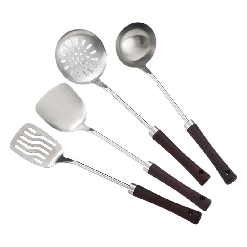304 espátula de acero inoxidable espátula plana cuchara de sopa colador mango de madera cocina del hogar cocina espátula pequeña cintura conjunto de cuatro piezas