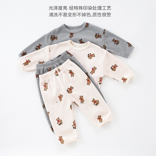 Newborn baby clothes waffle round neck sweatshirt two-piece set spring new baby cotton spring clothing children's suit