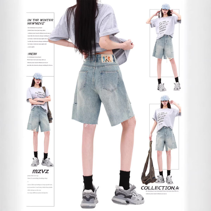 American Retro Light Blue Denim Shorts for Women, Summer High-Waisted Loose Straight Ripped Wide-Leg Pants
